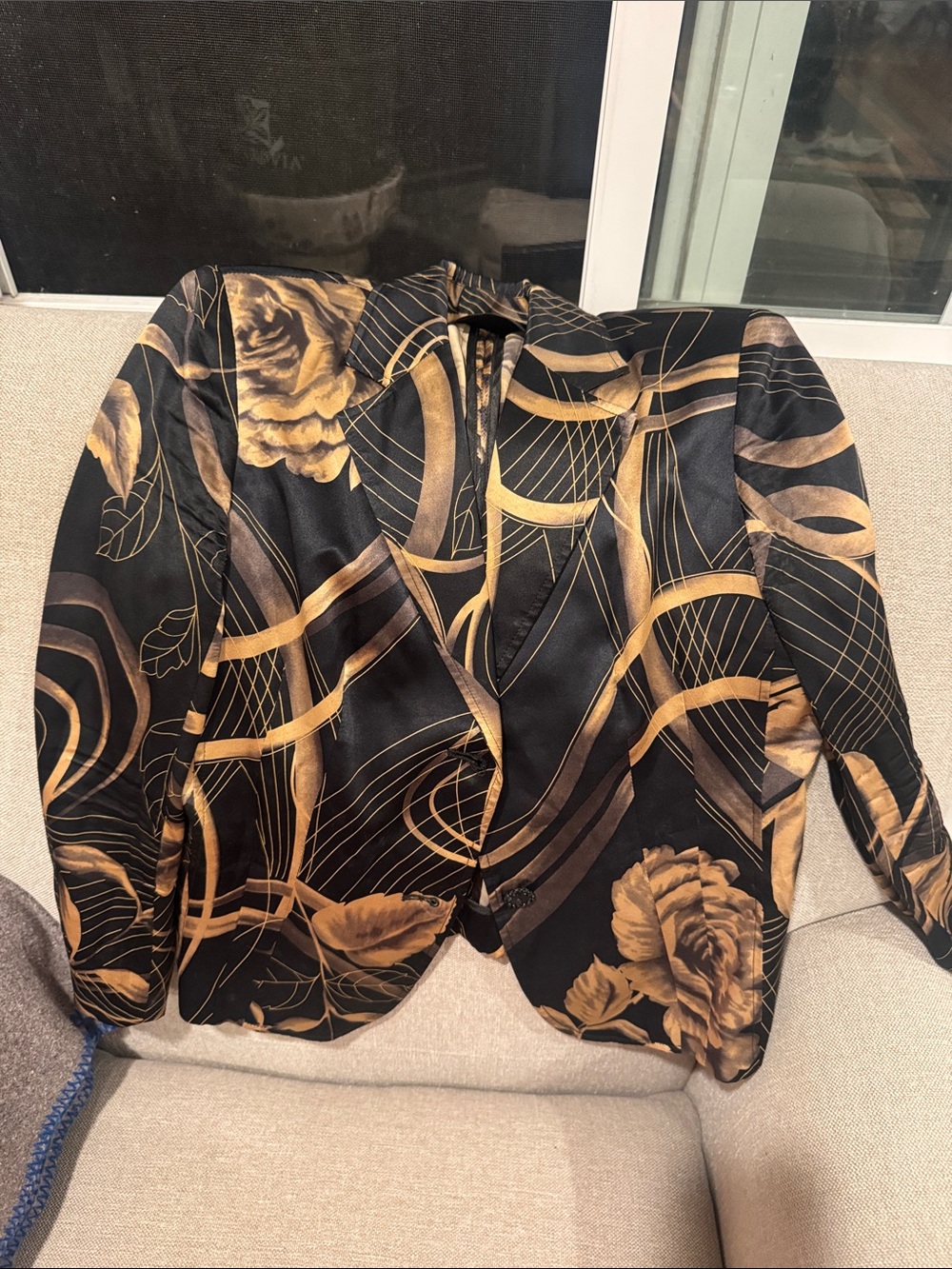 Dreamers Black and Gold Floral Satin-Effect Blazer